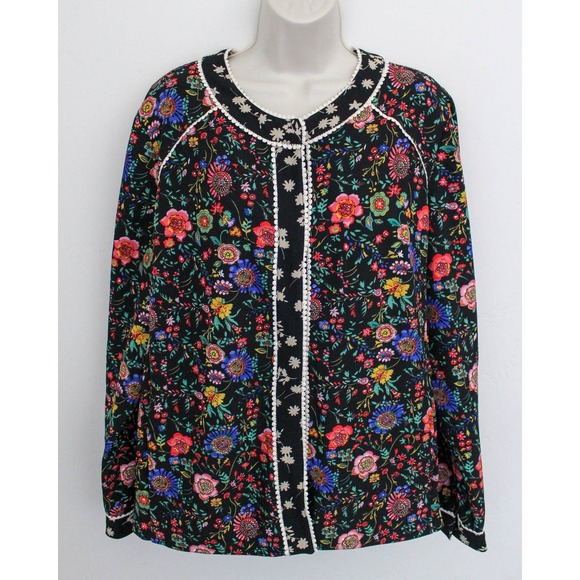 LOGO by Lori Goldstein Jackets & Blazers - LOGO Lori Goldstein Jacket Large Black Floral Snap Buttons Long Sleeve Pockets
